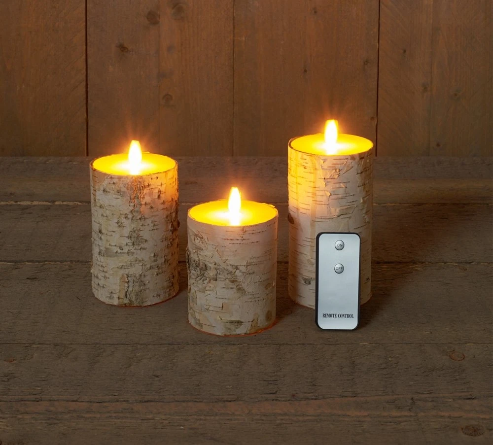 Berken LED-kaarsenset Met Bewegende Vlam 7,5 X 10/12,5/15 Cm Wit Met Afstandbediening 3 Berken LED-kaarsenset Met Bewegende Vlam 7,5 X 10/12,5/15 Cm Wit Met Afstandbediening